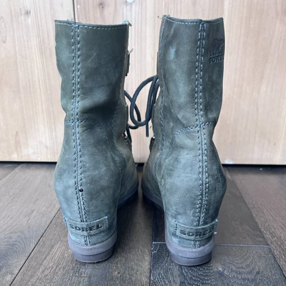 Sorel Joan of Arctic Wedge II Boots Size 6 Army Green Waterproof Leather Booties